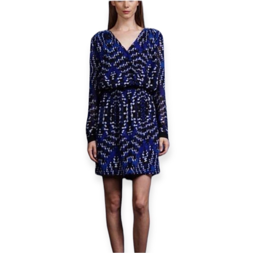 Adelyn Rae Faux Wrap Print Shirt Dress Size M Blue Black Open T Back